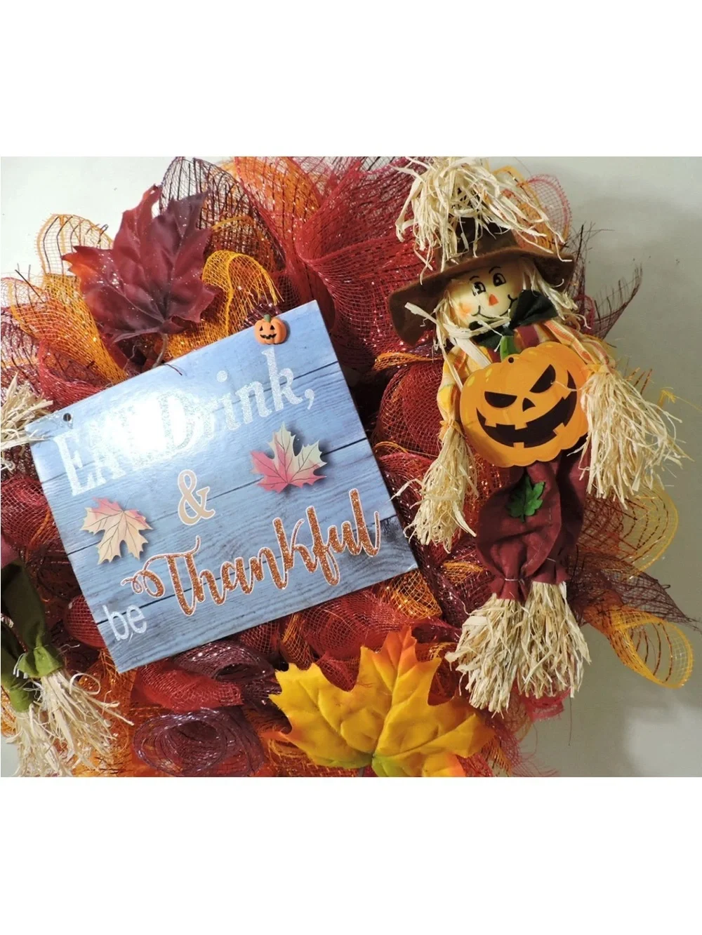 Autumn 'Eat, Drink & Be Thankful' Fall Wreath - Orange & Burgundy